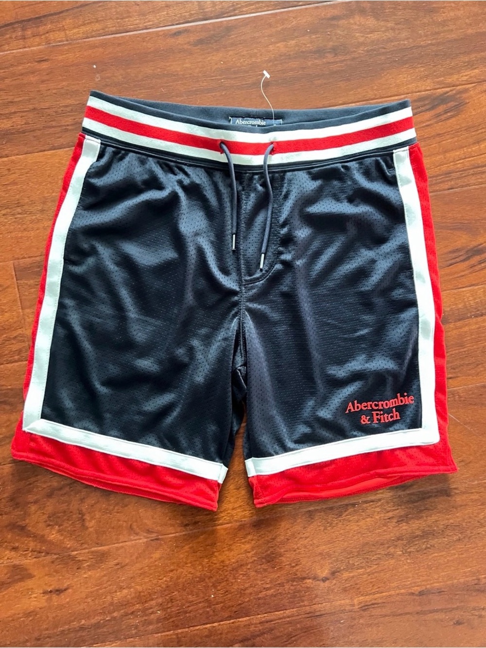 Abercrombie & Fitch Black Athletic Shorts with Red and White Trim